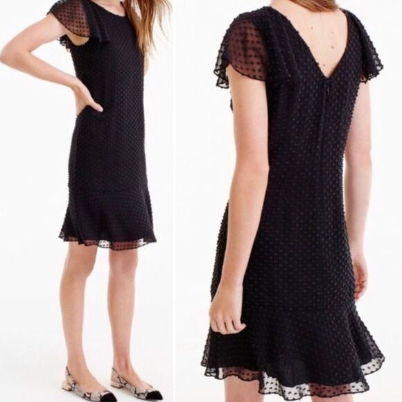 J.Crew Black Clip Dot Flutter Sleeve Silk Dress Size 2 - Picture 1 of 5